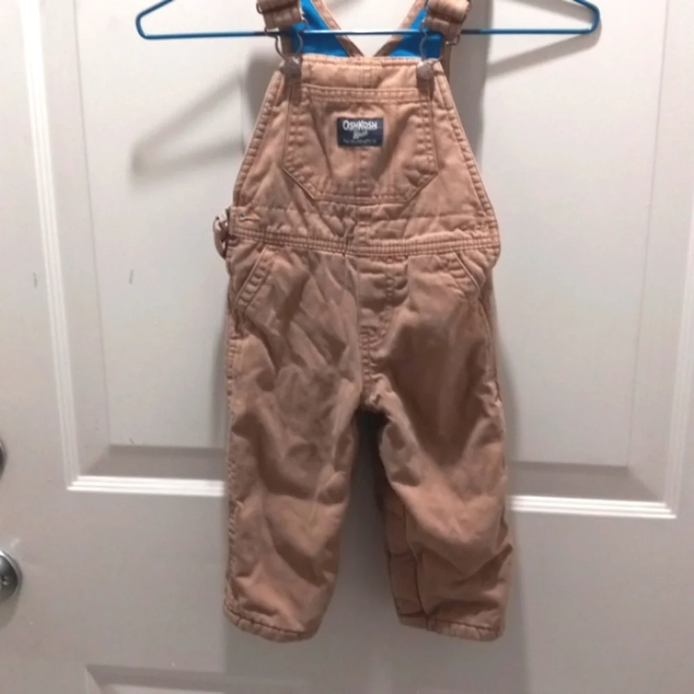 OshKosh Tan Overalls with blue flannel inside, Sz 12 mos